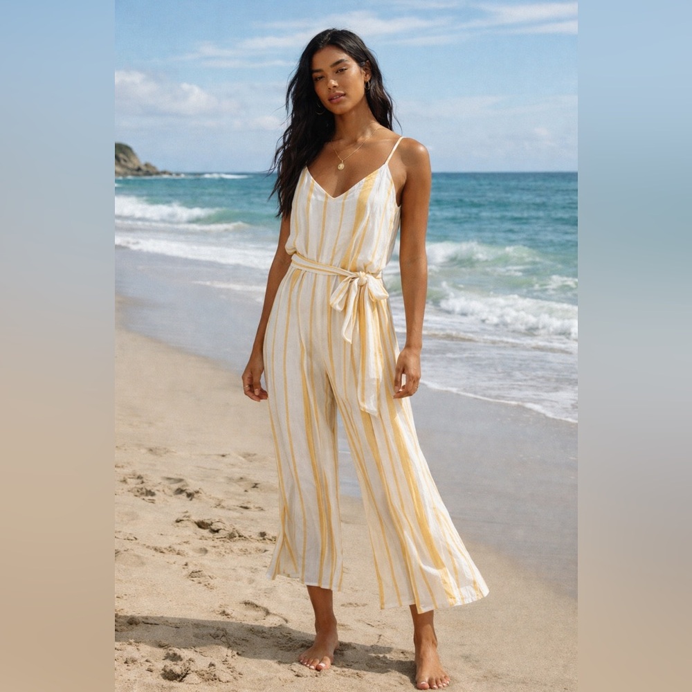Billabong Yellow Striped Wide Legged Jumpsuit, Small